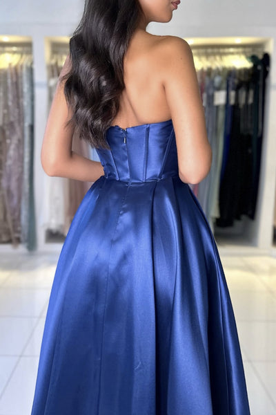 Off Shoulder Navy Blue Satin Long Prom Dresses, Off the Shoulder Formal Dresses, Navy Blue Evening Dresses