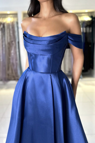 Off Shoulder Navy Blue Satin Long Prom Dresses, Off the Shoulder Formal Dresses, Navy Blue Evening Dresses