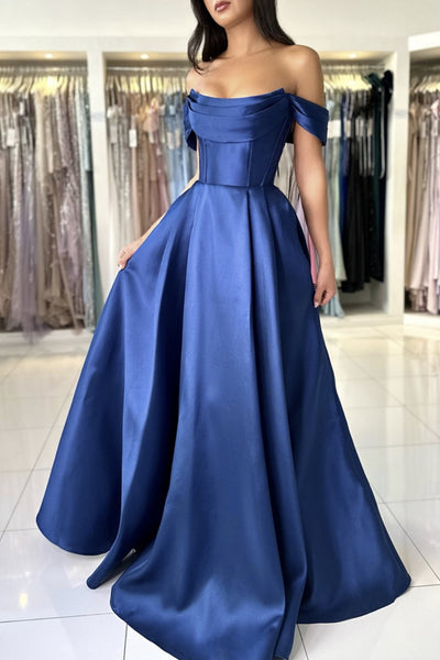 Off Shoulder Navy Blue Satin Long Prom Dresses, Off the Shoulder Formal Dresses, Navy Blue Evening Dresses