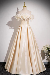 Off the Shoulder Champagne Satin Floral Prom Dresses, Champagne Satin Long Formal Evening Dresses
