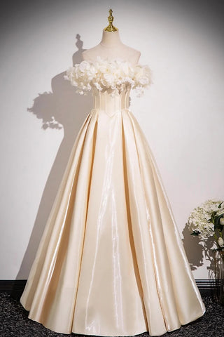 Off the Shoulder Champagne Satin Floral Prom Dresses, Champagne Satin Long Formal Evening Dresses