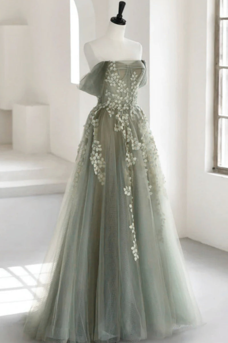 Off the Shoulder Green Lace Floral Long Prom Dresses, Green Long Flora