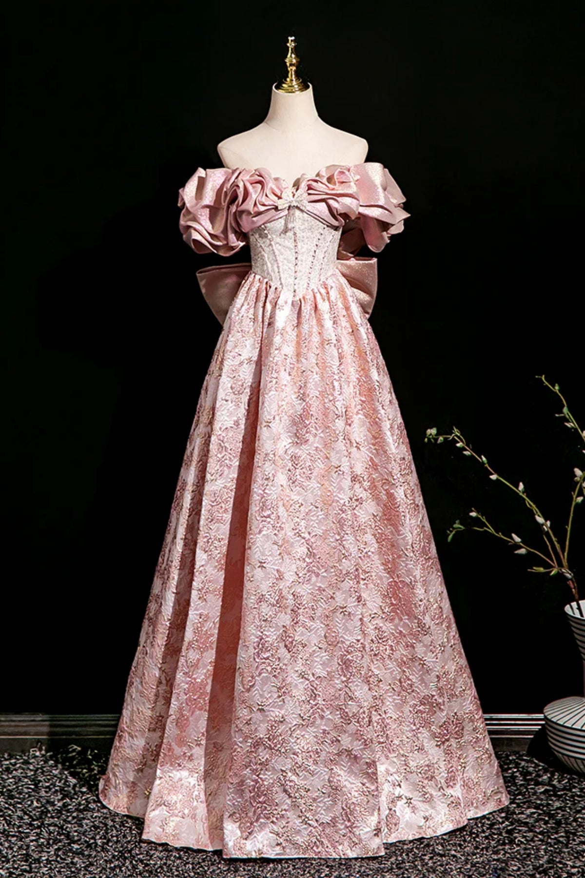 Off the Shoulder Pink Printed Satin Long Prom Dresses, Pink Printed Satin Long Formal Evening Dresses