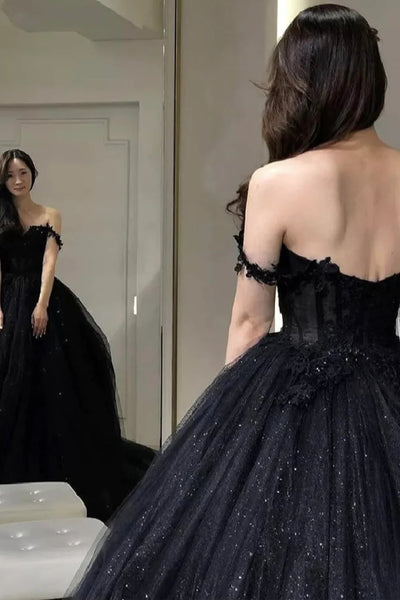 Off the Shoulder Black Lace Prom Dresses, Off Shoulder Black Long Lace Formal Evening Dresses