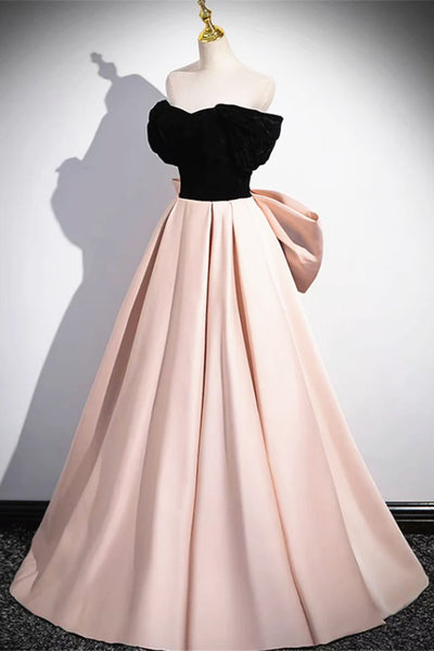 Off the Shoulder Black Pink Satin Long Prom Dresses, Pink Black Long Formal Evening Dresses