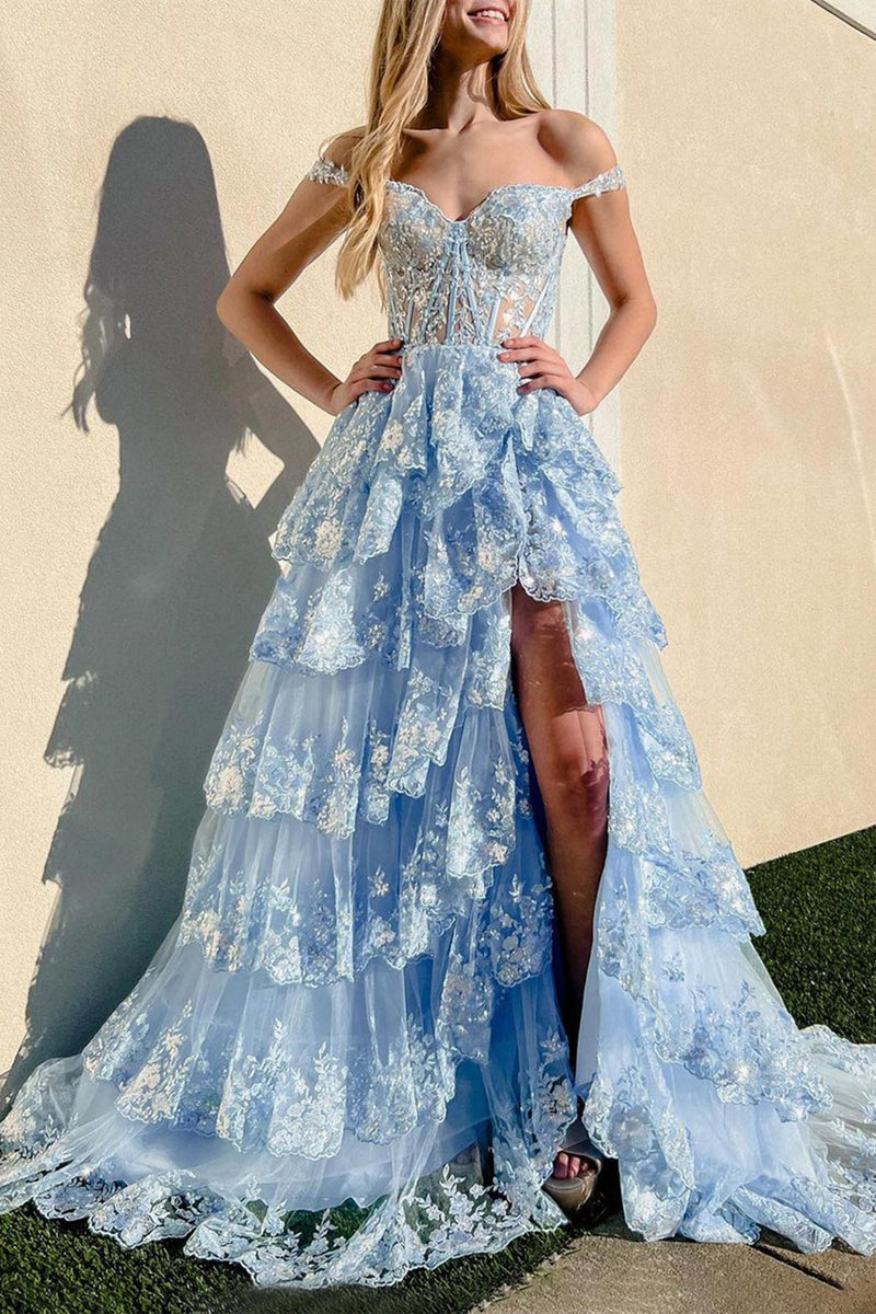 Off the Shoulder Blue Black Lace Prom Dresses with Ruffles, Off Should