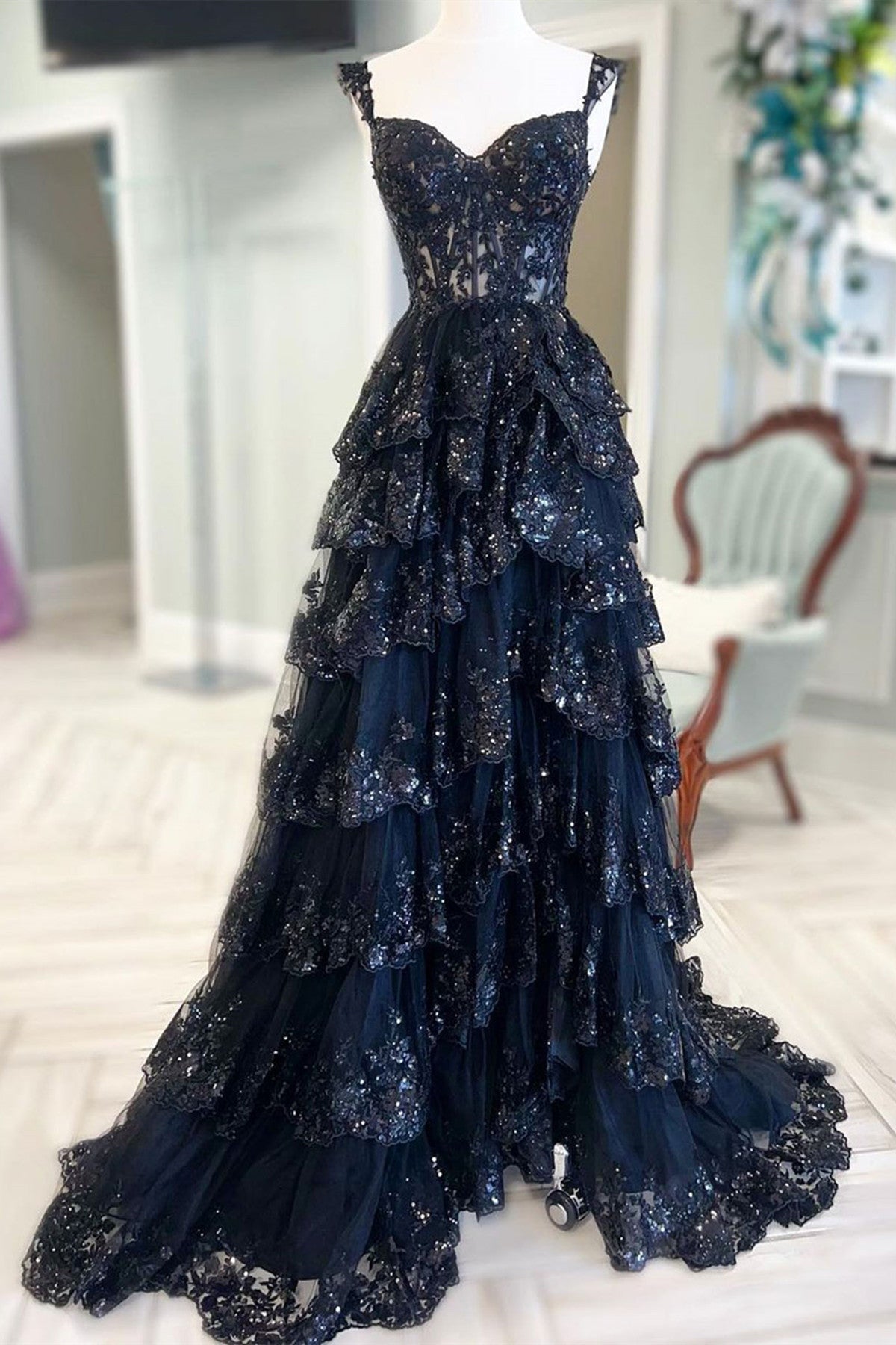 Off the Shoulder Blue Black Lace Prom Dresses with Ruffles, Off Should Eip Collection Off the Shoulder Blue Black Lace Prom Dresses with Ruffles, Off Should Eip Collection