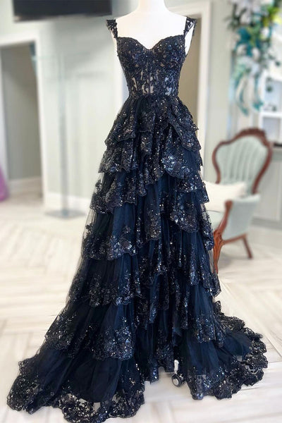 Off the Shoulder Blue Black Lace Prom Dresses with Ruffles, Off Shoulder Blue Black Lace Formal Evening Dresses