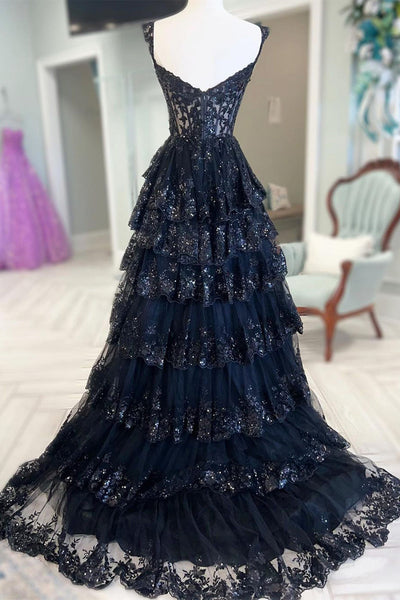 Off the Shoulder Blue Black Lace Prom Dresses with Ruffles, Off Shoulder Blue Black Lace Formal Evening Dresses