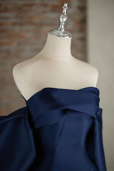 Off the Shoulder Blue Black Long Satin Prom Dresses, Off Shoulder Blue Black Long Formal Evening Dresses