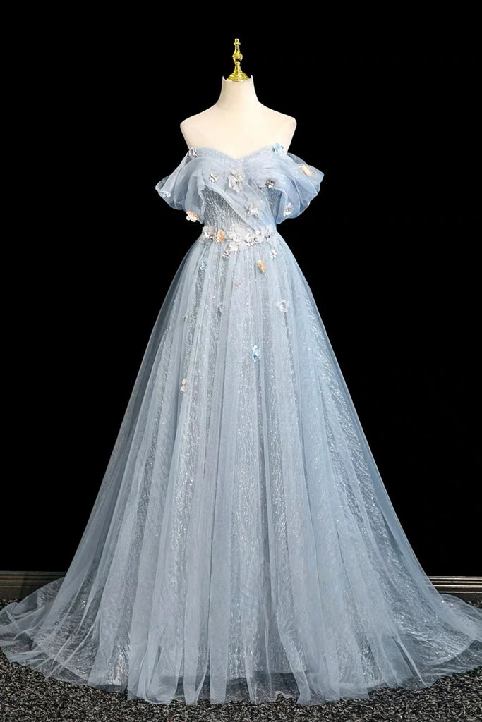 Off the Shoulder Blue Floral Long Prom Dresses, Blue Floral Long Forma