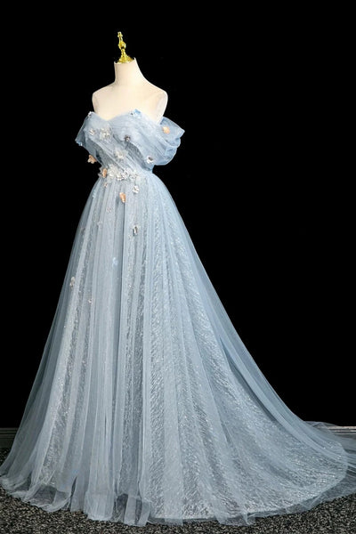 Off the Shoulder Blue Floral Long Prom Dresses, Blue Floral Long Formal Evening Dresses