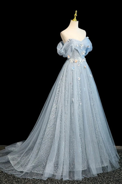 Off the Shoulder Blue Floral Long Prom Dresses, Blue Floral Long Formal Evening Dresses