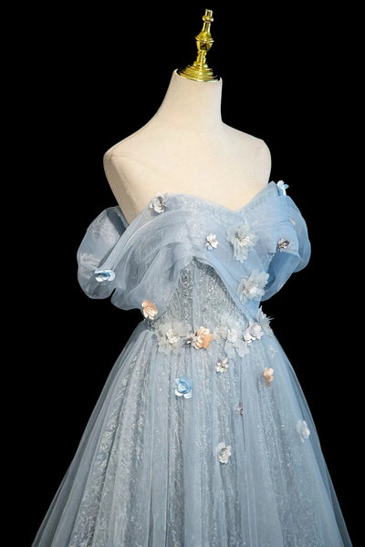 Off the Shoulder Blue Floral Long Prom Dresses, Blue Floral Long Formal Evening Dresses