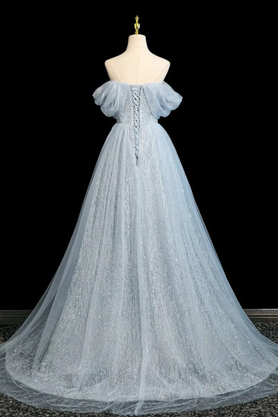 Off the Shoulder Blue Floral Long Prom Dresses, Blue Floral Long Formal Evening Dresses