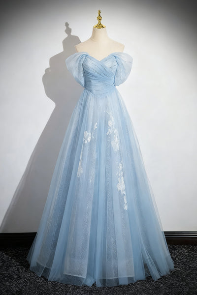 Off the Shoulder Blue Lace Long Prom Dresses,  Long Blue Lace Formal Dresses