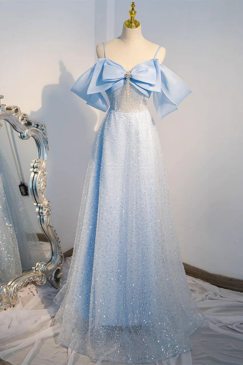 Off the Shoulder Blue Long Sequins Prom Dresses, Off Shoulder Blue Lon