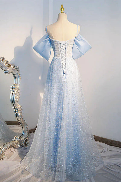 Off the Shoulder Blue Long Sequins Prom Dresses, Off Shoulder Blue Long Formal Evening Dresses