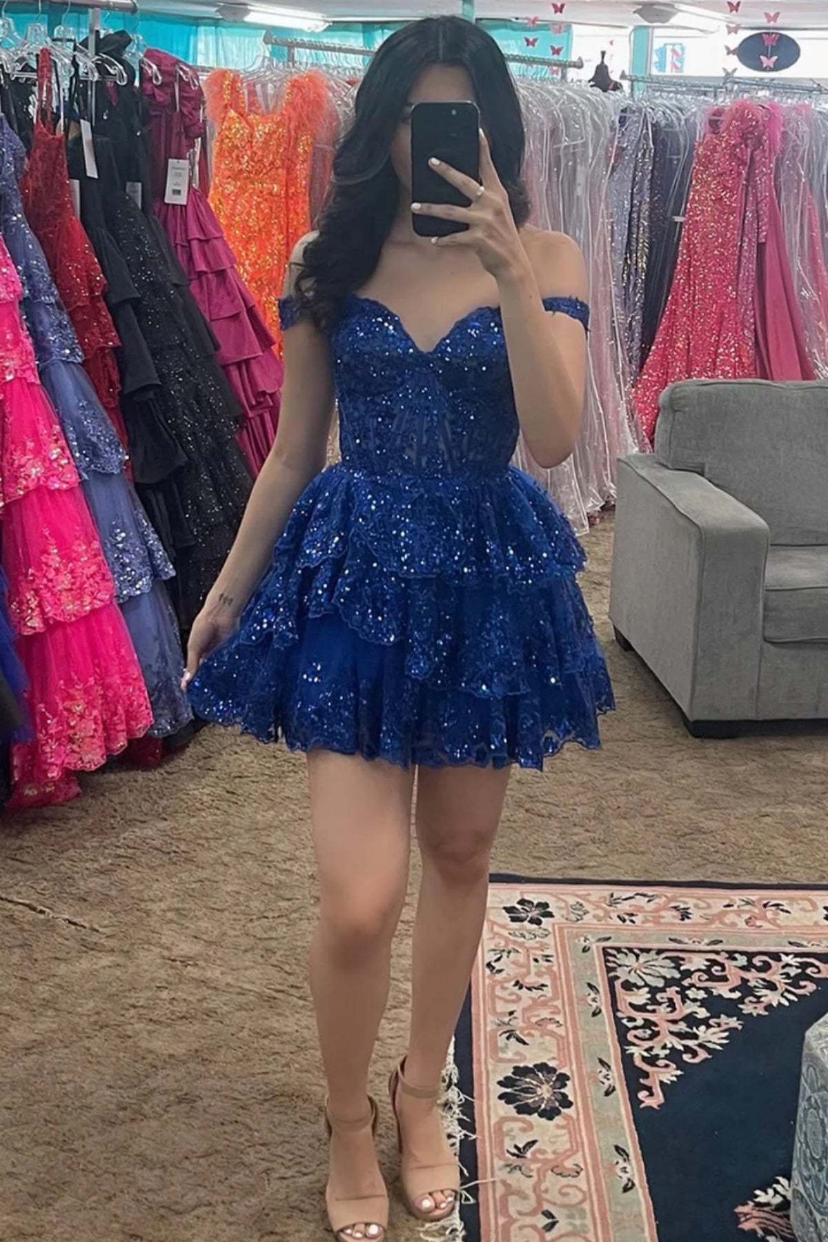Off the Shoulder Blue Pink Black Layered Lace Prom Dresses, Blue Pink Eip Collection Off the Shoulder Blue Pink Black Layered Lace Prom Dresses, Blue Pink Eip Collection