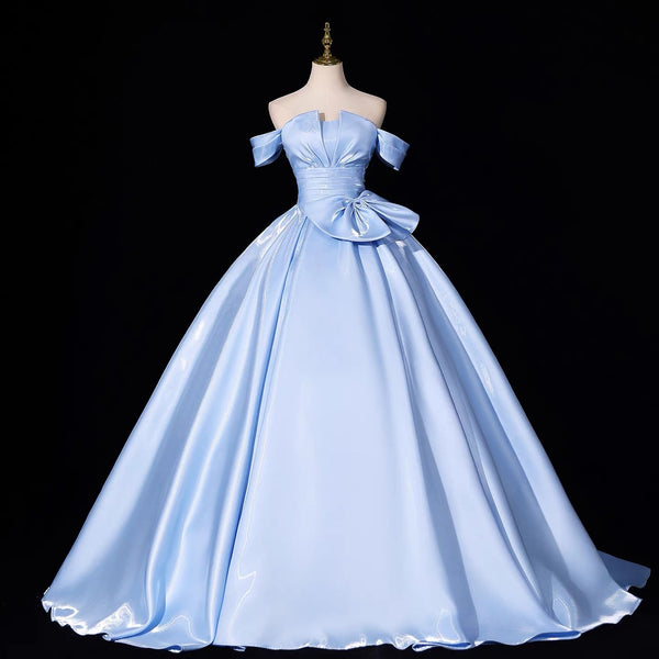 Off the Shoulder Blue Satin Full Long Prom Dresses, Off Shoulder Full Blue Long Formal Evening Dresses