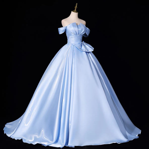 Off the Shoulder Blue Satin Full Long Prom Dresses, Off Shoulder Full Blue Long Formal Evening Dresses