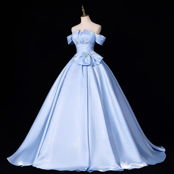 Off the Shoulder Blue Satin Full Long Prom Dresses, Off Shoulder Full Blue Long Formal Evening Dresses