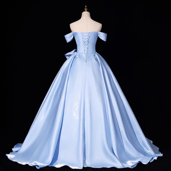 Off the Shoulder Blue Satin Full Long Prom Dresses, Off Shoulder Full Blue Long Formal Evening Dresses