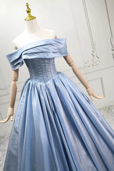 Off the Shoulder Blue Satin Long Prom Dresses, Off Shoulder Blue Long Formal Evening Dresses