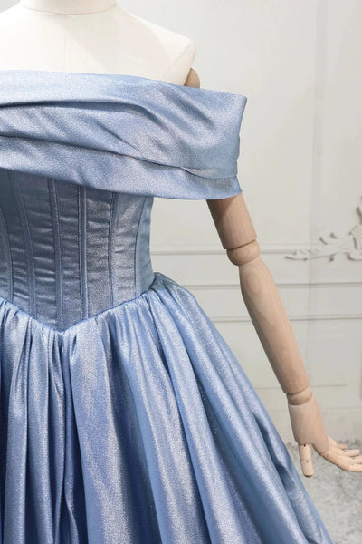 Off the Shoulder Blue Satin Long Prom Dresses, Off Shoulder Blue Long Formal Evening Dresses
