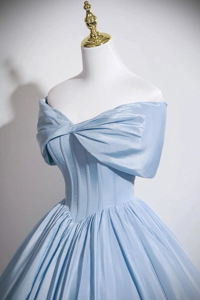 Off the Shoulder Blue Satin Prom Dresses, Blue Satin Formal Evening Dresses