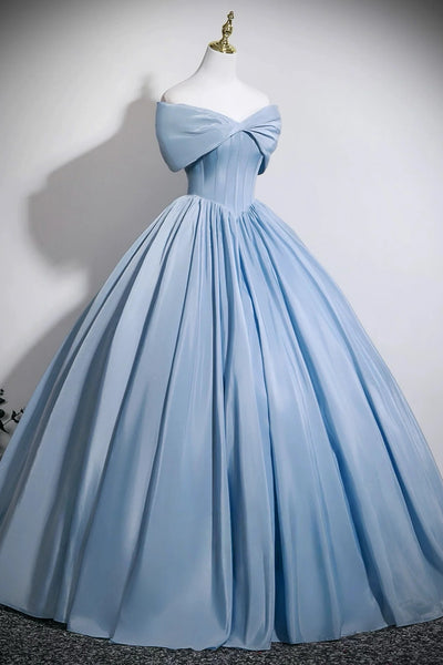 Off the Shoulder Blue Satin Prom Dresses, Blue Satin Formal Evening Dresses