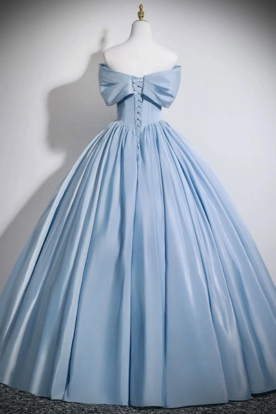 Off the Shoulder Blue Satin Prom Dresses, Blue Satin Formal Evening Dresses