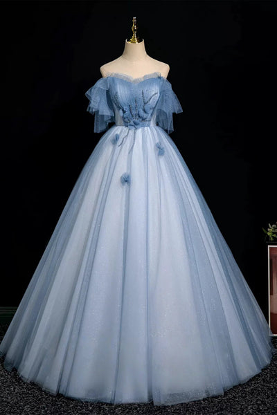 Off the Shoulder Blue Tulle Long Prom Dresses, Blue Tulle Long Formal Evening Dresses