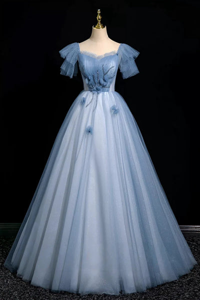 Off the Shoulder Blue Tulle Long Prom Dresses, Blue Tulle Long Formal Evening Dresses