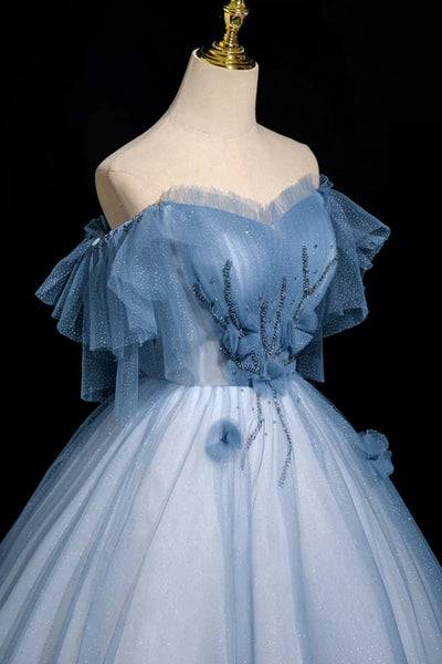 Off the Shoulder Blue Tulle Long Prom Dresses, Blue Tulle Long Formal Evening Dresses