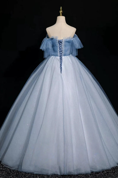 Off the Shoulder Blue Tulle Long Prom Dresses, Blue Tulle Long Formal Evening Dresses