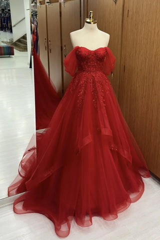 Off the Shoulder Burgundy Lace Prom Dresses, Wine Red Lace Formal Graduation Dresses