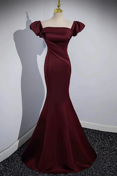 Off the Shoulder Burgundy Satin Long Prom Dresses, Wine Red Mermaid Formal Evening Dresses