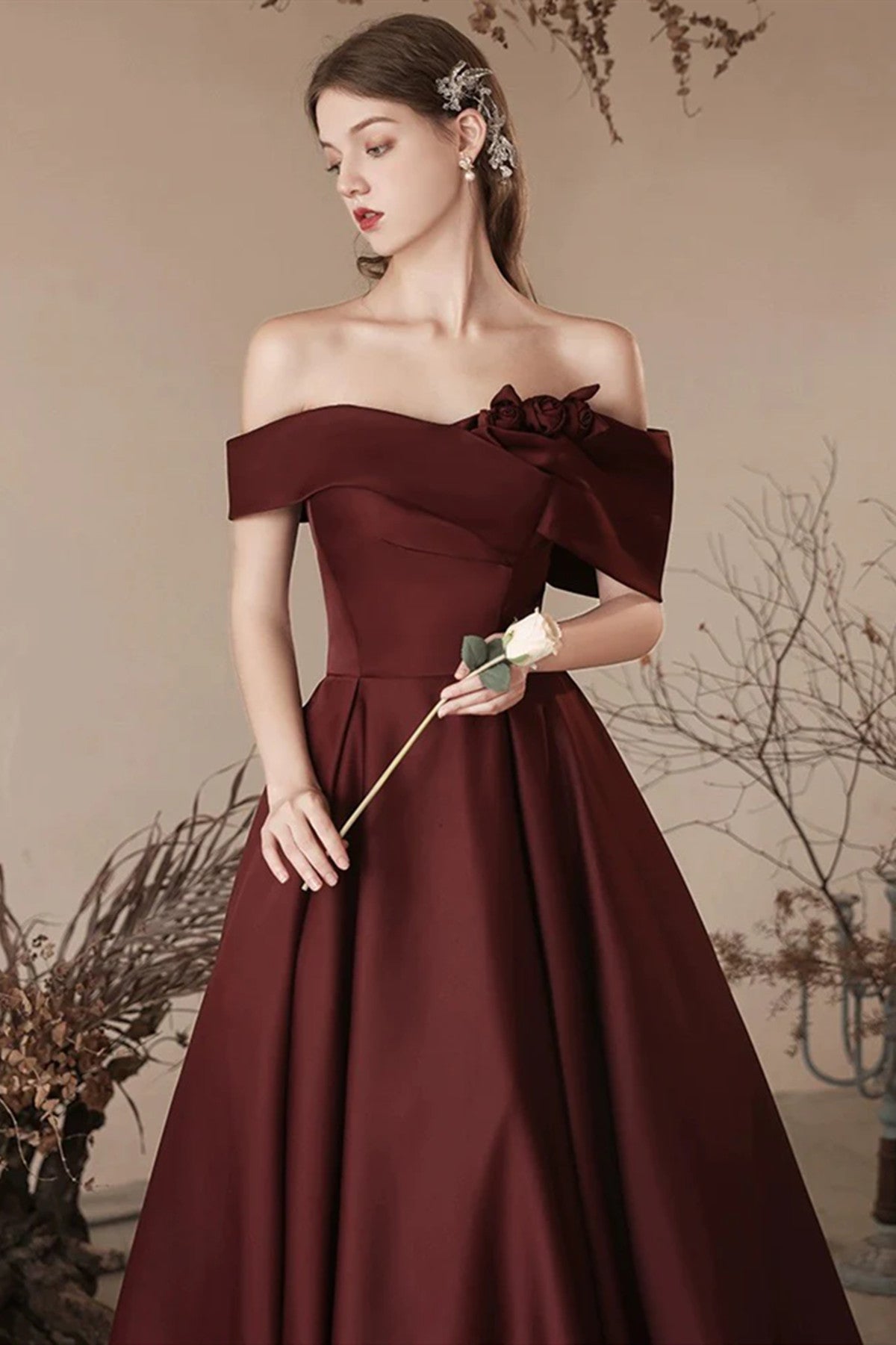 Off the Shoulder Burgundy Satin Long Prom Dresses, Wine Red Off Should – Eip Collection