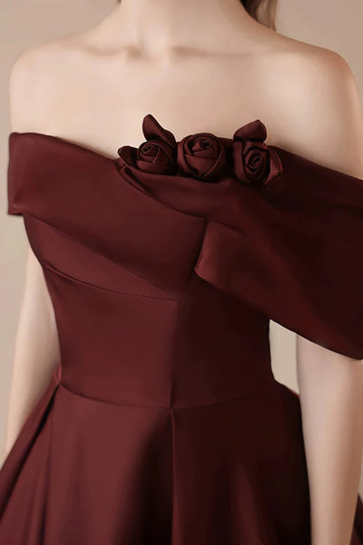 Off the Shoulder Burgundy Satin Long Prom Dresses, Wine Red Off Shoulder Long Formal Evening Dresses