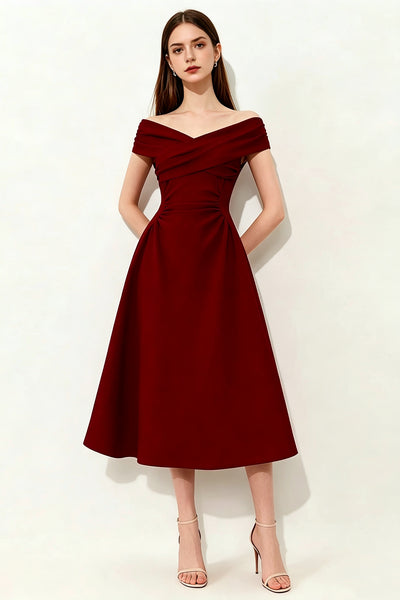 Off the Shoulder Burgundy Tea Length Prom Dresses, Wine Red Velvet Tea Length Formal Dresses