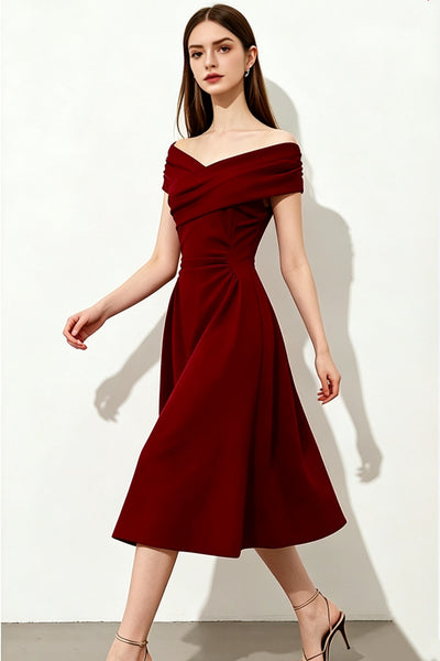 Off the Shoulder Burgundy Tea Length Prom Dresses, Wine Red Velvet Tea Length Formal Dresses