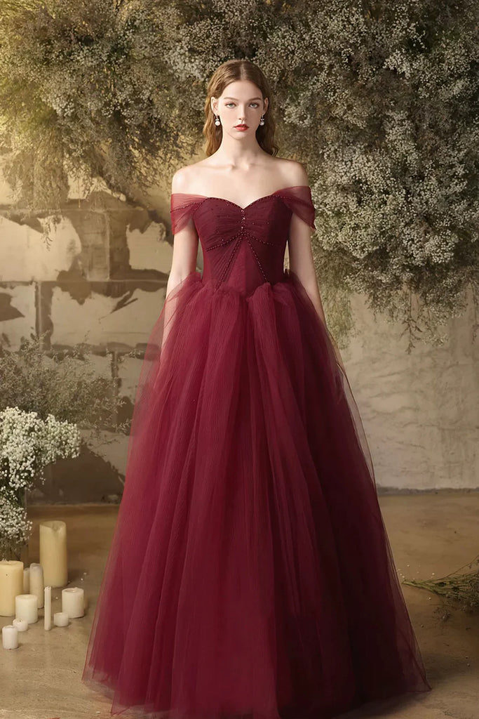 Off the Shoulder Burgundy Tulle Long Prom Dresses, Off Shoulder Wine R