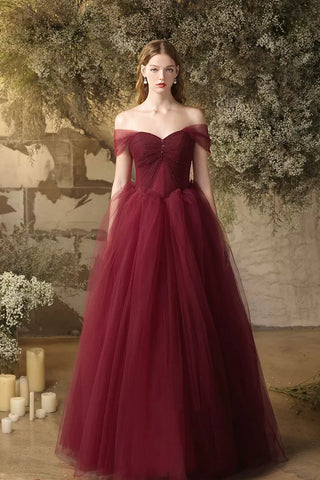 Off the Shoulder Burgundy Tulle Long Prom Dresses, Off Shoulder Wine Red Long Tulle Formal Evening Dreses