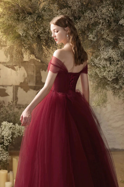 Off the Shoulder Burgundy Tulle Long Prom Dresses, Off Shoulder Wine Red Long Tulle Formal Evening Dreses