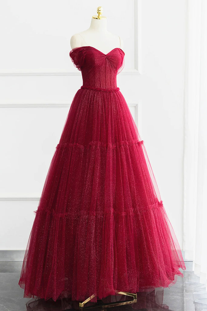 Off the Shoulder Burgundy Tulle Long Prom Dresses, Wine Red Long Tulle Eip Collection Off the Shoulder Burgundy Tulle Long Prom Dresses, Wine Red Long Tulle Eip Collection
