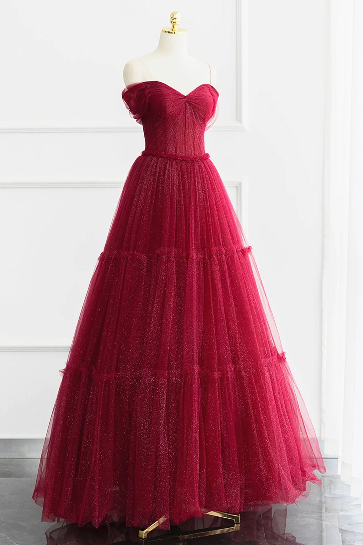 Off the Shoulder Burgundy Tulle Long Prom Dresses, Wine Red Long Tulle Formal Evening Dresses