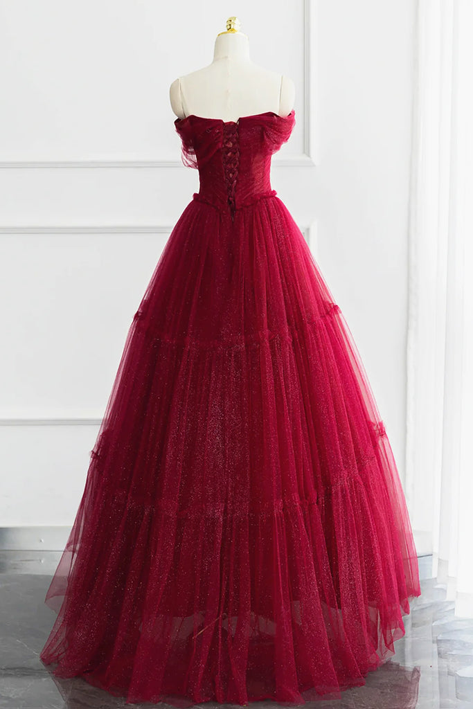 Off the Shoulder Burgundy Tulle Long Prom Dresses, Wine Red Long Tulle Eip Collection Off the Shoulder Burgundy Tulle Long Prom Dresses, Wine Red Long Tulle Eip Collection