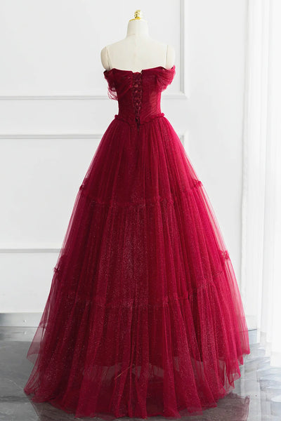 Off the Shoulder Burgundy Tulle Long Prom Dresses, Wine Red Long Tulle Formal Evening Dresses