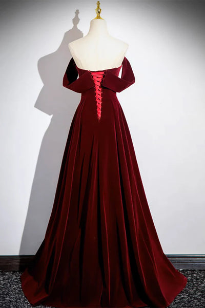Off the Shoulder Burgundy Velvet Long Prom Dresses, Off Shoulder Wine Red Long Formal Evening Dresses